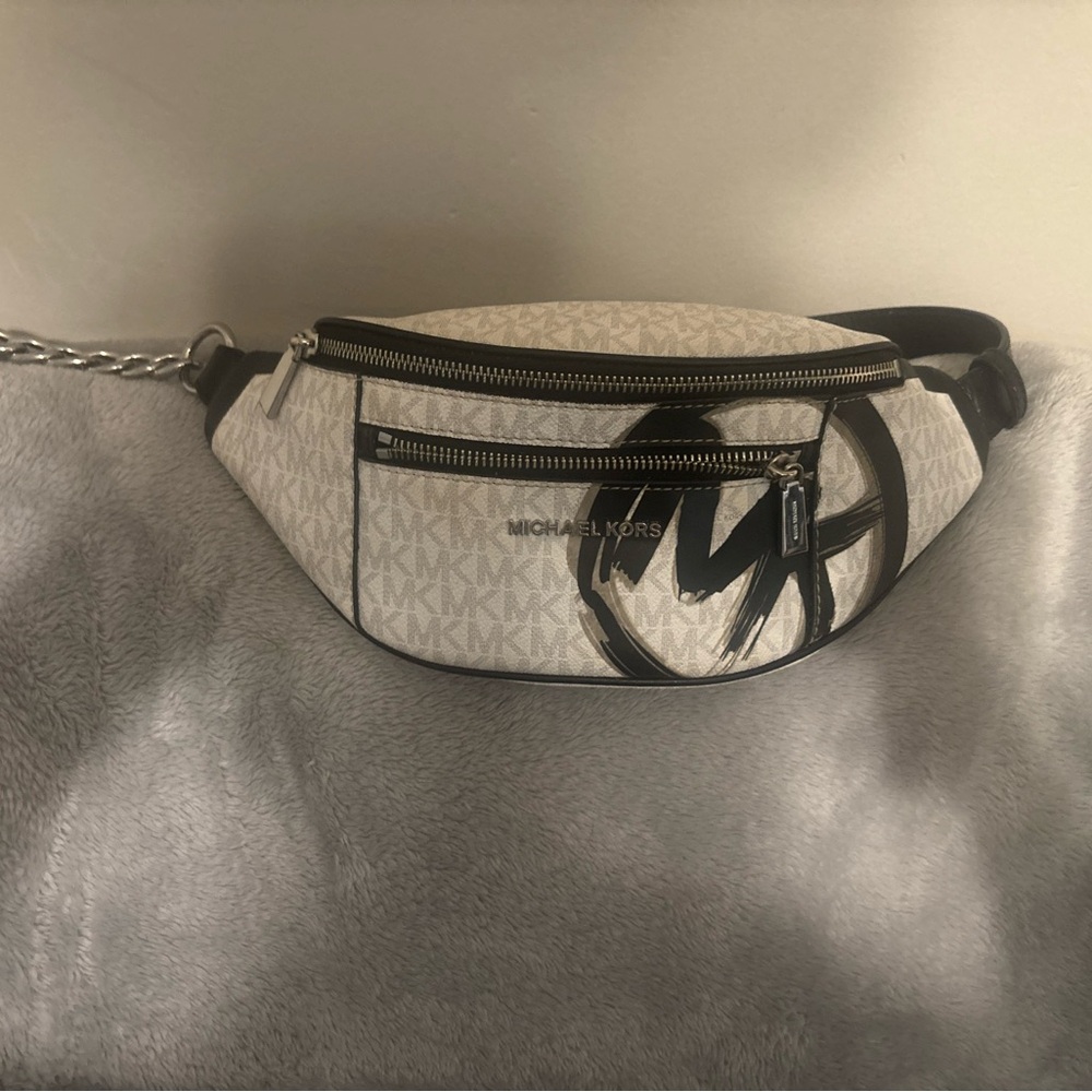 Michael Kors Ivory and Black Logo Graffiti Belt Bag